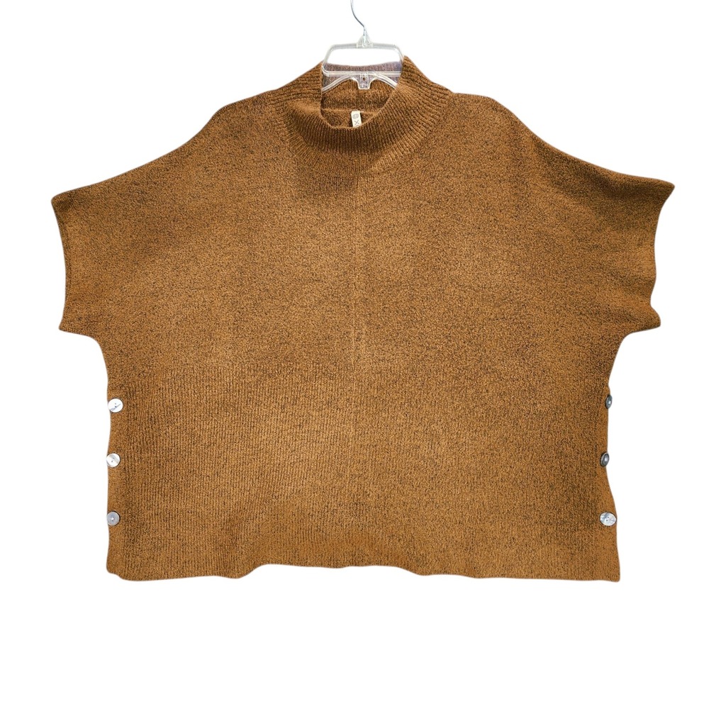 XCVI Sweater sz M Women Caramel Brown‎ Mock Neck Short Sleeve Boxy Lagenlook 24"